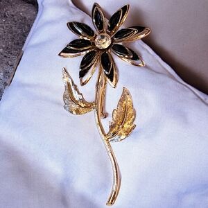 Vintage Black Enamel and gold-toned Lapel Brooch large